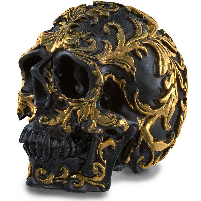 READAEER Small Size Human Skull Resin Statue Head Sculptures Skull Collectible Figurines (Black & Golden) - Image 1